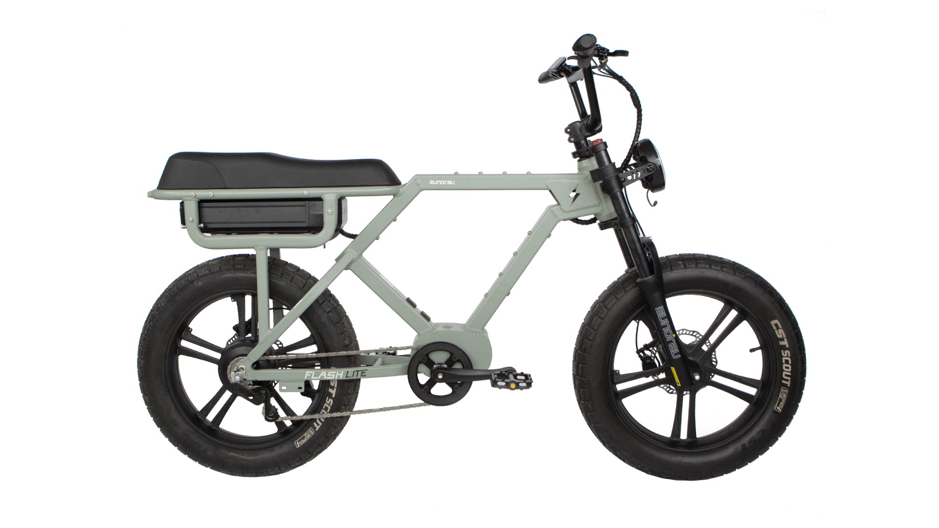 Eunorau FLASH LITE 2.0 fat-tyre cruiser e-bike, side profile on white background